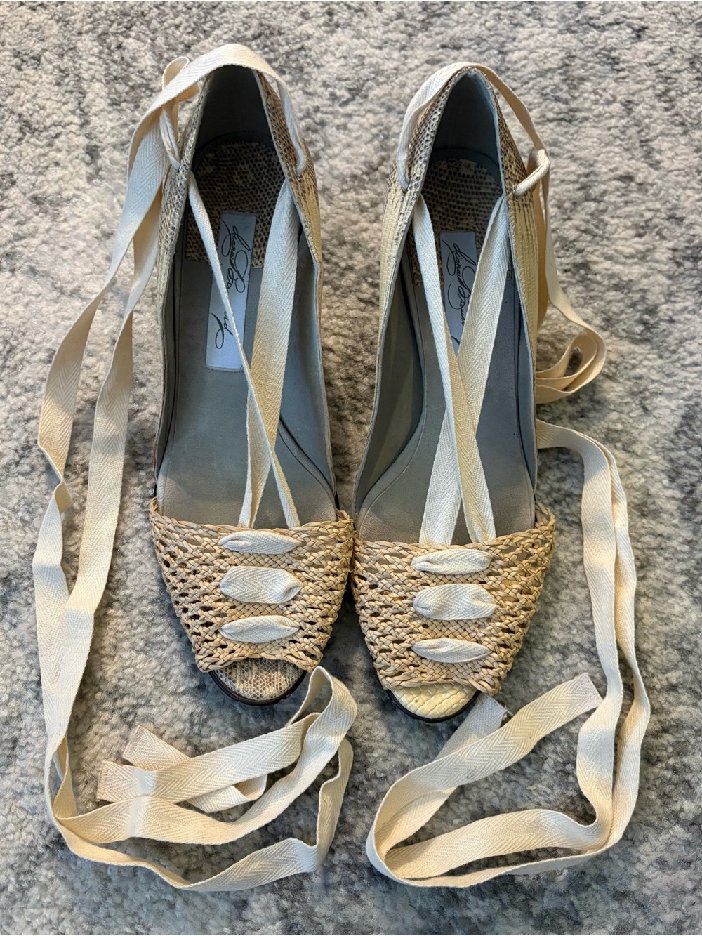 Diana Broussard Snakeskin & Woven Leather Lace-Up Wedge Sandals